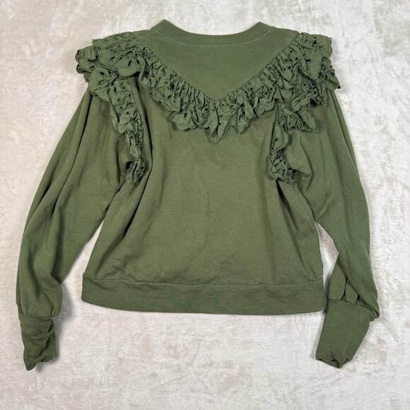 Crosby By Mollie Burch Ollie Sweater Size XS Green French Terry Eyelet Ruffle - Picture 4 of 7